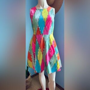 CeCe Bright Multicolor Geometric Fit-and-Flare Dress